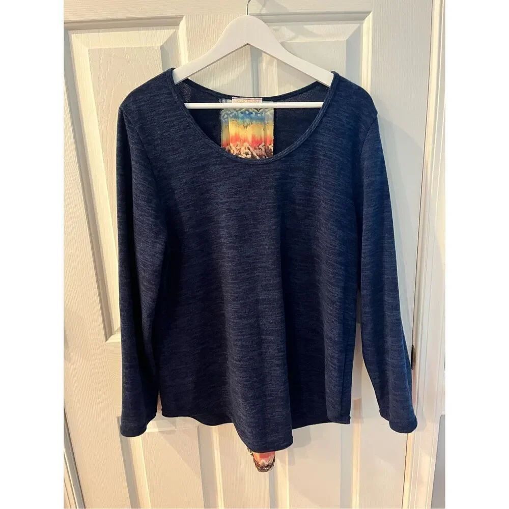 Claudia Richard Navy Space Dye Tribal Print Back Top sz XL